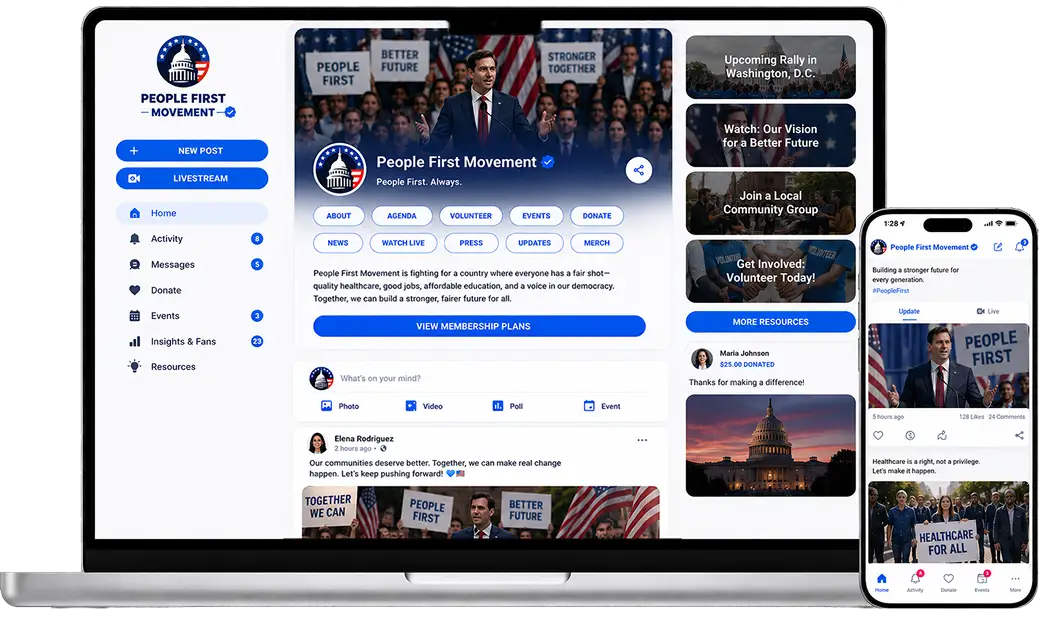 Launch a free website and dedicated iOS and Android apps under your own domain. Personalize your presence, share updates, engage supporters, build communities, launch fundraising campaigns, and own the data.
